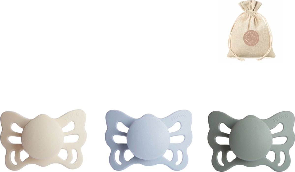 Goedkoopste Frigg butterfly spenen siliconen anatomisch T1 (0-6 maanden) met speenzakje - Cream, Sage en Powder blue - fopspenen