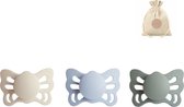 Frigg butterfly spenen siliconen anatomisch T1 (0-6 maanden) met speenzakje - Cream, Sage en Powder blue - fopspenen