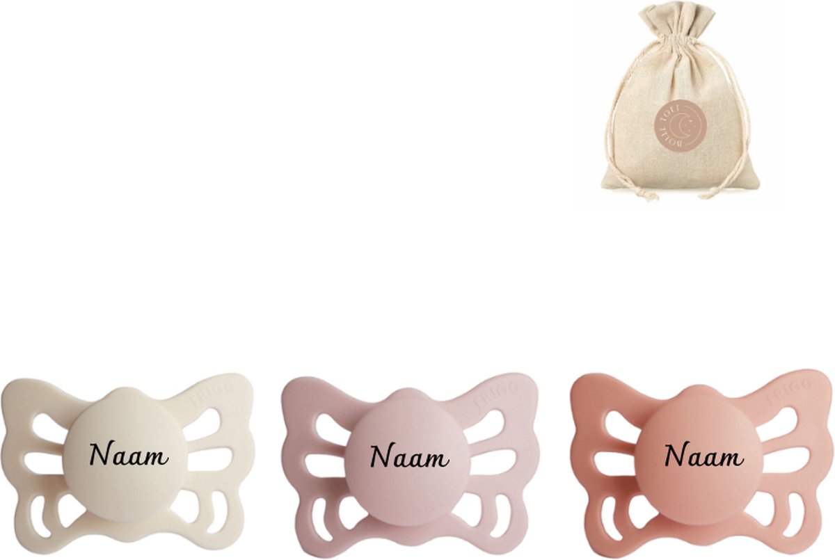 Goedkoopste Frigg butterfly spenen siliconen anatomisch met naam T1 (0-6 maanden) speenzakje - Cream, Blush en Peach - fopspenen