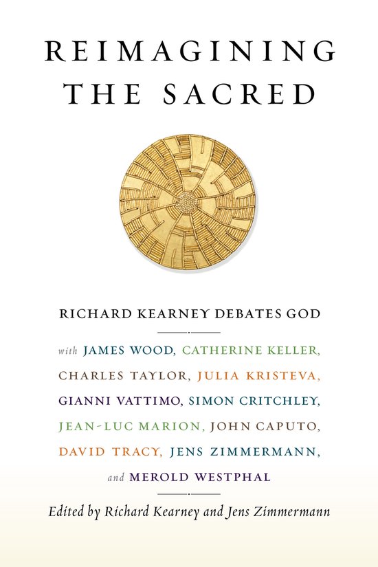 Boekomslag van "Reimagining The Sacred" met een ronde, gevlochten gouden afbeelding. De titel en namen van de auteurs worden in zwarte tekst weergegeven.