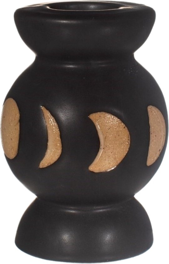 Sass & Belle kandelaar Moon Phases zwart 8 cm - kaarsenhouder - voor dinerkaarsen - keramieken kandelaren - voor op tafel