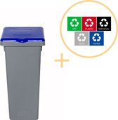 Plafor Fit Bin Prullenbak met Deksel voor Afvalscheiding - 20L – Grijs/Blauw - Inclusief 5-delige Stickerset - Afvalbak voor gemakkelijk Afval Scheiden en Recycling - Afvalemmer - Vuilnisbak voor Huishouden, Keuken en Kantoor - Afvalbakken - Recyclen