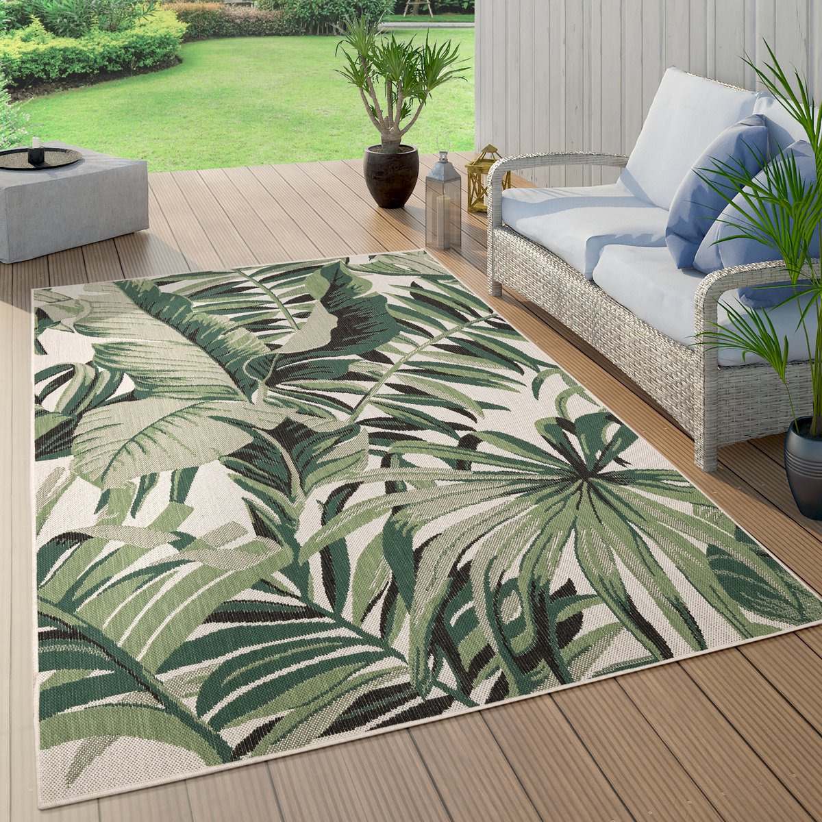 Paco Home Buiten Vloerkleed Voor Buiten Balkon Palm Jungle Patroon Bloemen Boho Groen 150 cm Quadrat