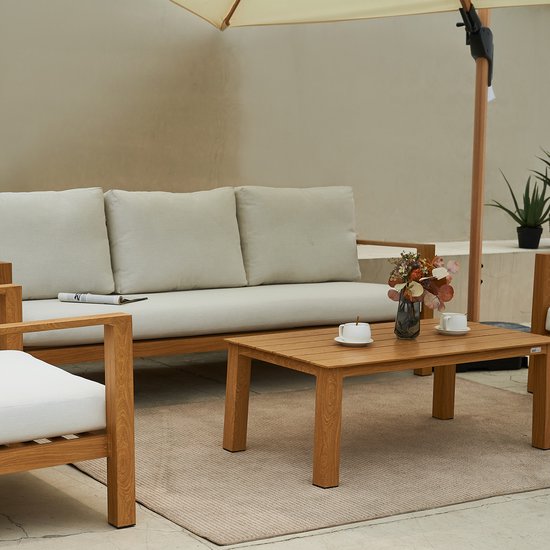 AXI Orla Canapé de jardin 4 pièces Aspect bois/beige - 2 Fauteuils de jardin et 1 canapé avec table - Structure en aluminium thermolaqué - 5 Personnes