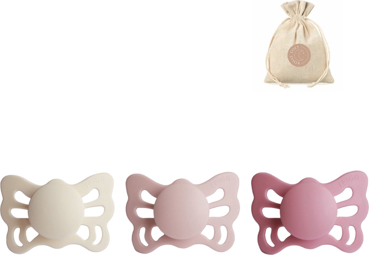 Goedkoopste Frigg butterfly spenen siliconen anatomisch T1 (0-6 maanden) met speenzakje - Cream, Blush en Cedar - fopspenen