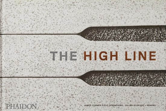 Boek "THE HIGH LINE" van Phaidon met een omslag van lichtgrijs terrazzo met bruine en grijze spikkels. Twee horizontale stroken zijn weggelaten en onthullen grind.