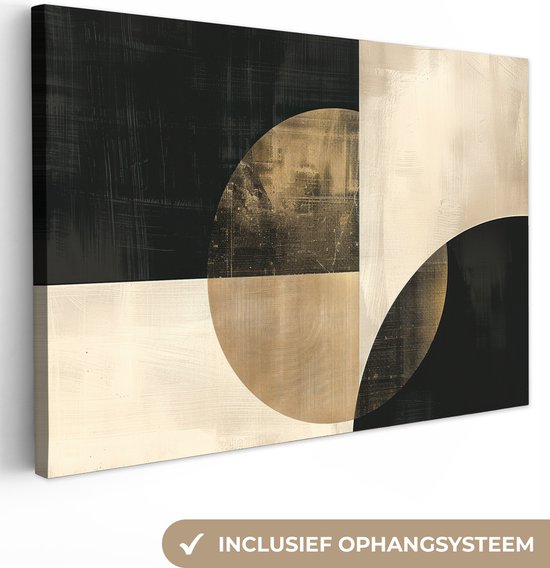 Canvas schilderij 120x80 cm - Wanddecoratie Abstract - Geometrische vormen - Zwart - Goud - Muurdecoratie woonkamer - Kamer decoratie modern - Abstracte schilderijen