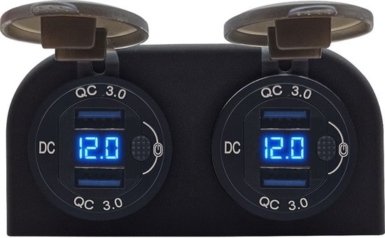 ProRide 12V USB Stopcontact 4 Poorten met Schakelaar/Voltmeter - Tweevoudig Opbouw - QC3.0 - DS2120B - USB Stopcontact Auto, Boot en Camper - Blauw