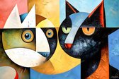 JJ-Art (Canvas) 60x40 | Poezen, kubisme, abstract, kleurrijk, kunst | gezicht, dier, poes, kat, rood, bruin, blauw, geel, modern | Foto-Schilderij canvas print (wanddecoratie)