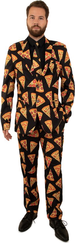 PartyXplosion - Eten & Drinken Kostuum - Slice Of Pizza 3delig - Man - Oranje, Zwart - Maat 54 - Carnavalskleding - Verkleedkleding