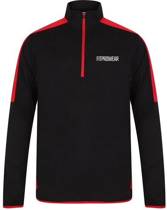 FitProWear Unisex Midlayer Longsleeve Zwart/Rood - Maat XS - Sporttrui - Baselayer - Trainingsjack - Trainingsjas - Sportshirt - Sportshirt lange mouwen - 1/4 Zip Hoodie - Fitness trui