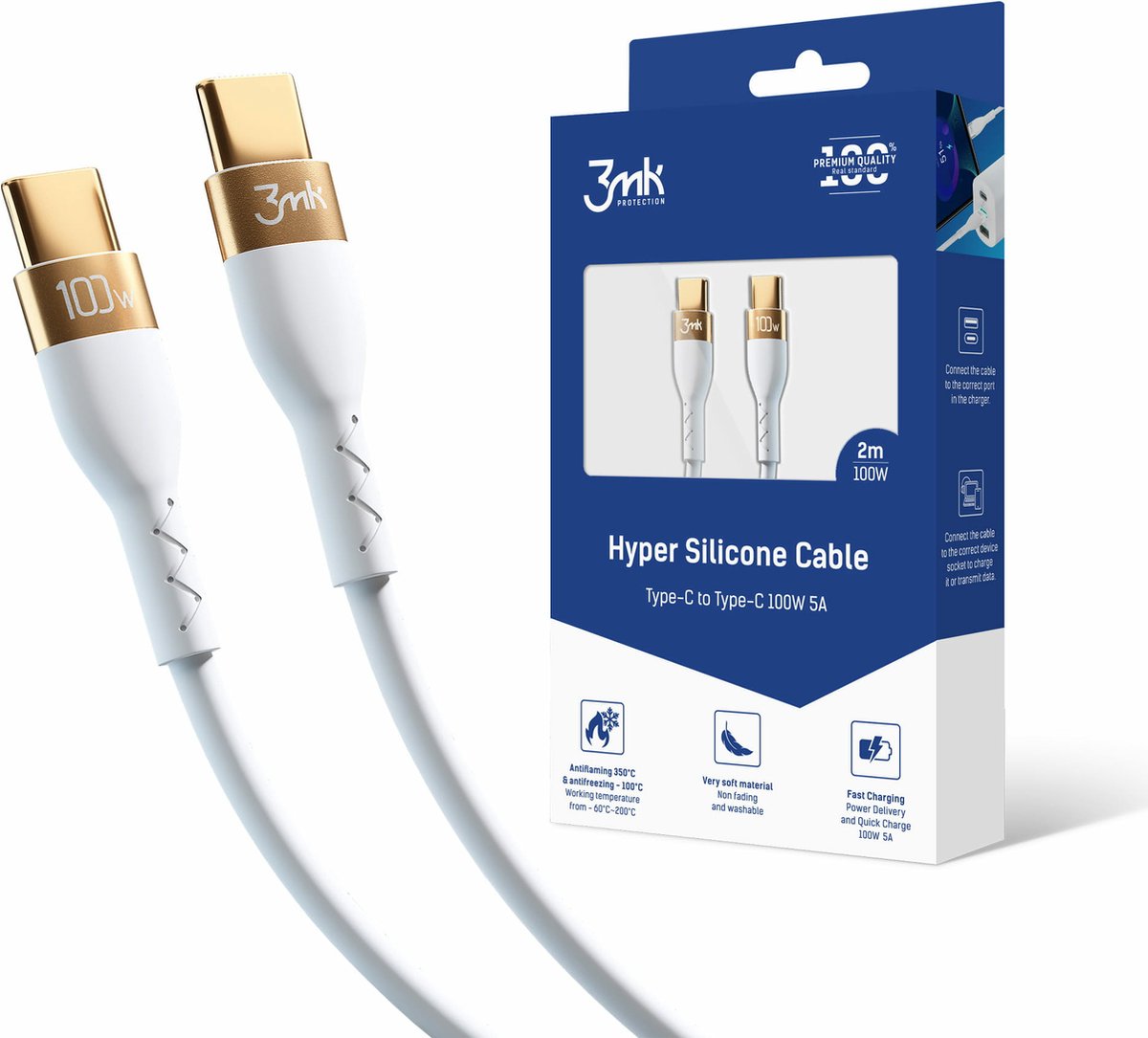 3mk, USB-kabel USB C Type 100w Silicone - 2 meter, Wit