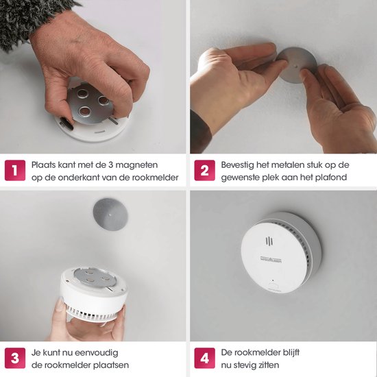 Stapsgewijze instructies voor het magnetisch bevestigen van een rookmelder aan het plafond.