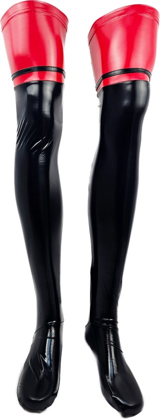 BamBella® - Kousen - Onesize - Rood Zwart - Datex (Mix latex en stof ) - Sexy Kniekousen van Super Glans Fetish kleding bdsm Dames sokken