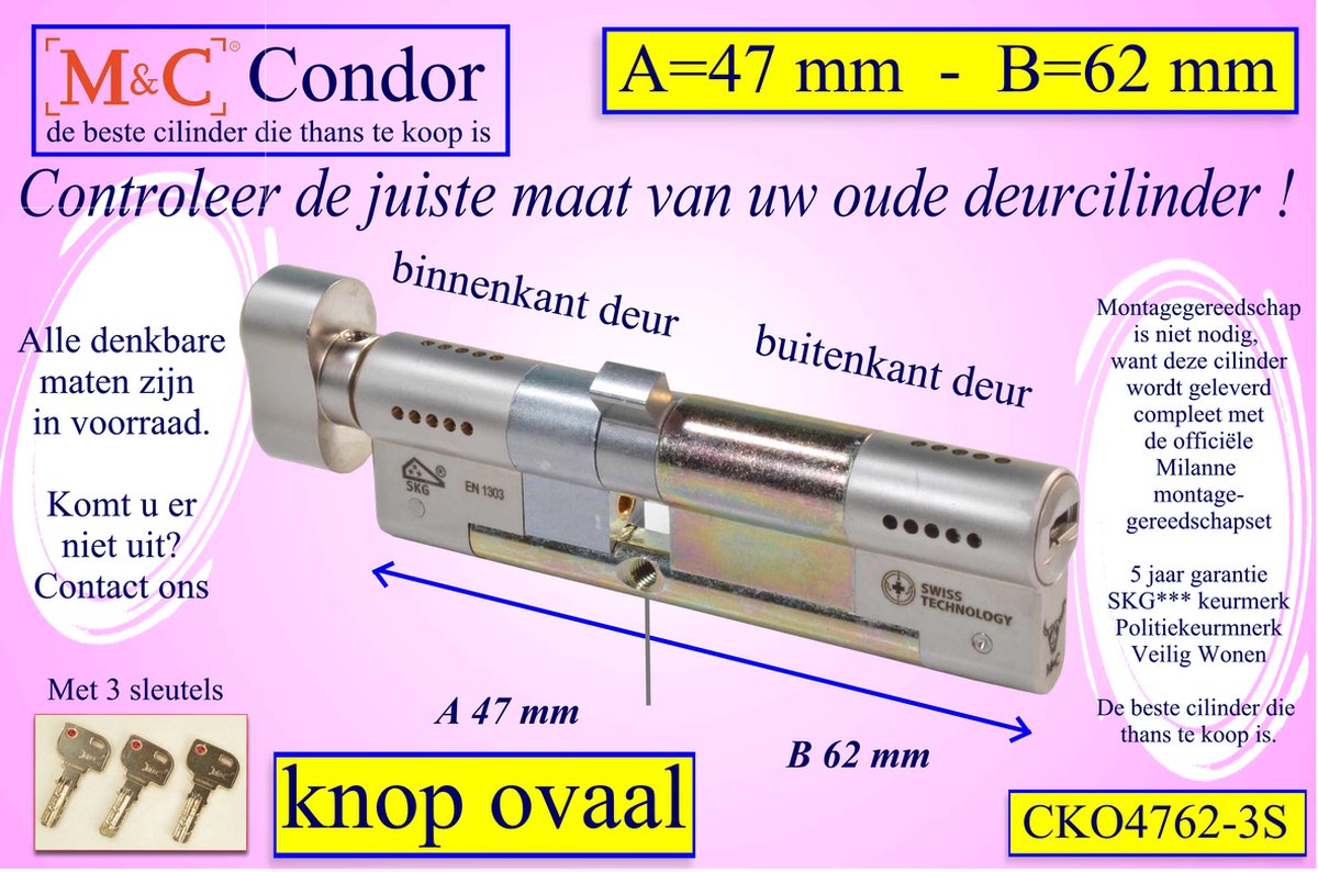 M&C Condor high security deurcilinder met Knop OVAAL 47x62 mm - SKG*** - Politiekeurmerk Veilig Wonen - inclusief gereedschap montageset