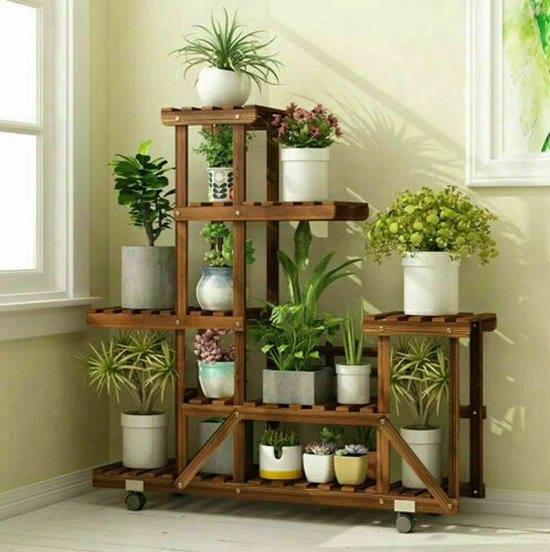 Zlw-shop Outdoor bloempot houten plantenstandaard ronde plantentrolley