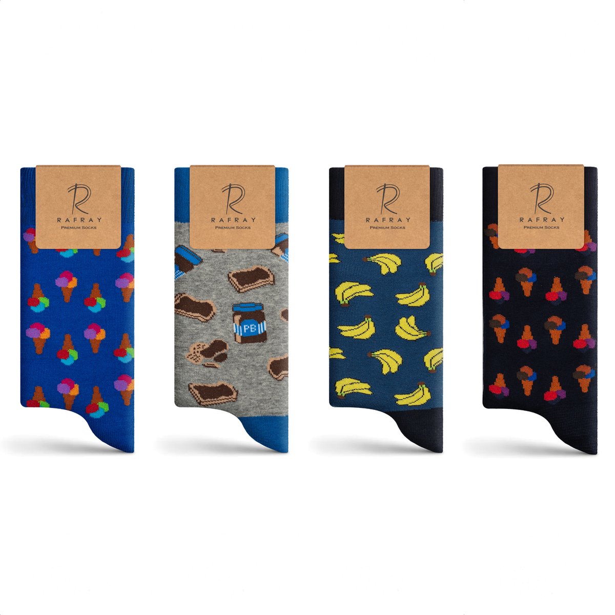 Rafray Socks Funky Sokken Gift box - Ice Cream-Peanut Butter-Banana Socks - Premium Katoen - 4 paar - Maat 40-44