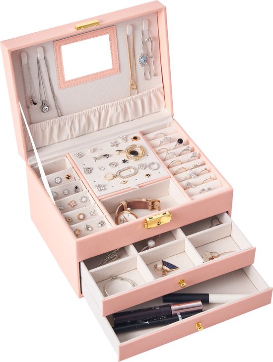 Behave Boîte à bijoux de Luxe avec miroir - Boîte à bijoux - Porte-bijoux - 20 compartiments - Boîte à bijoux - Femme - Rose - Accents dorés - 2 chiffons de nettoyage pour Bijoux