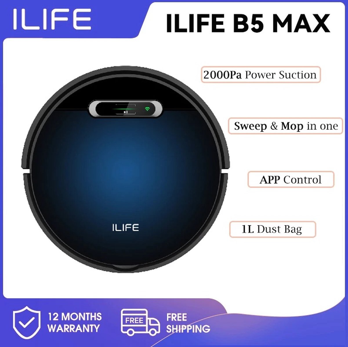 ILife X-Qlusive Robotstofzuiger ILIFE B5 Max App bediening Robotstofzuiger Met Laadstation 2000Pa Dun 76mm Robotstofzuiger Met Dweilfunctie Vacuümzuiger 120 minuten G Slam- Navigatiesysteem Zwart Merk: ILIFE