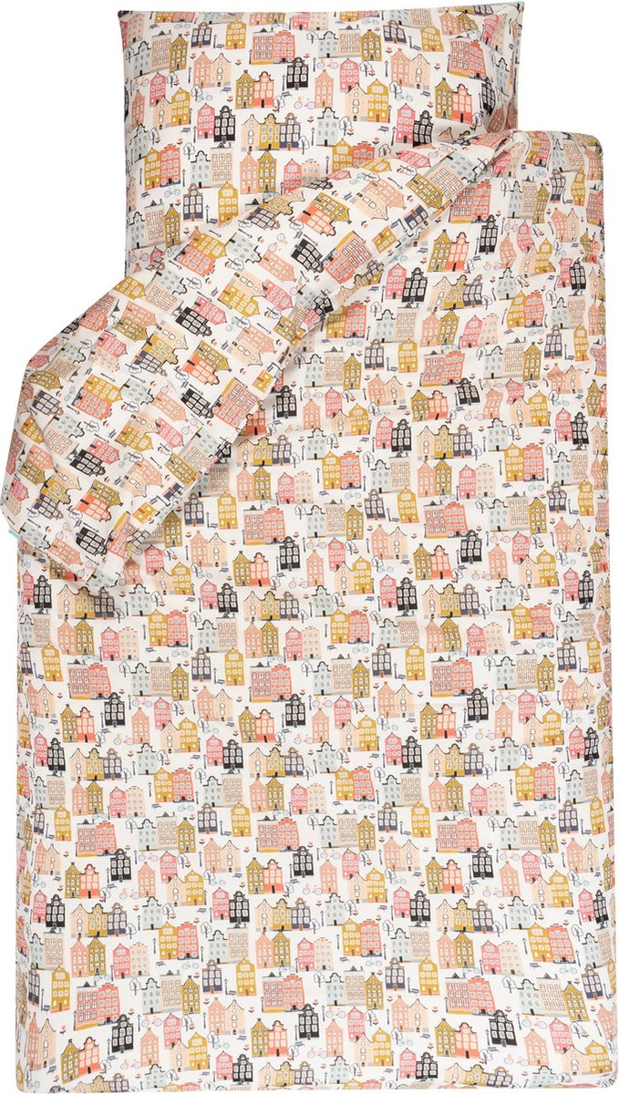 BINK Bedding Dekbedovertrek Adam junior 120 x 150 cm - kussensloop 60 x 70 cm - tweezijdig - print met huisjes - Hollandse huisjes - ecru - roze - peach - blue - grijs - mosterdgeel - junior - peuter - kleuter