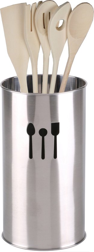 Urban Living Kitchenware ensemble de cuillères et spatules de cuisine 5 pièces - bambou - dans un support en acier inoxydable de 10 x 18 cm - argent