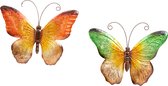 Anna Collection Wanddecoratie vlinders - 2x - groen/oranje - 32 x 24 cm - metaal - muurdecoratie - tuin beelden van dieren