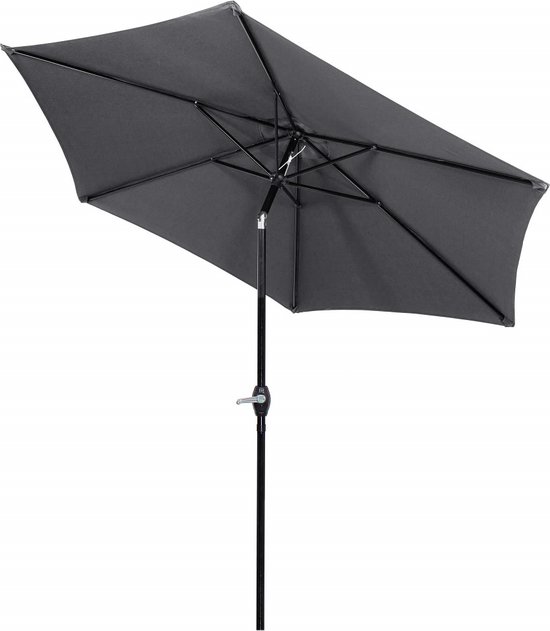 Antracietkleurige parasol, deels geopend, met een zwarte paal en kantelmechanisme.
