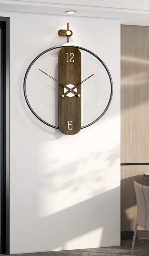 Luxaliving - Minimalistische wandklok van hout en staal - Design klok - Hout en zwart - Woondecoratie - Industriële klok - Stil uurwerk - 50cm