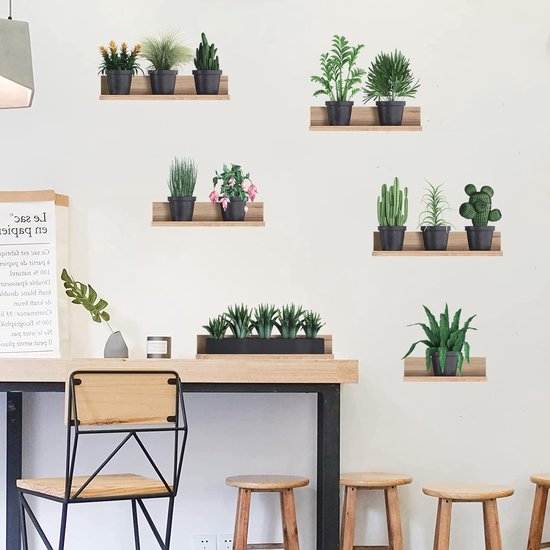 Muursticker plante verte 3D pour salon – Plante en pot de Fleurs roses – Autocollant mural pour chambre et bureau – Décoration murale avec feuilles vertes (nouveau)