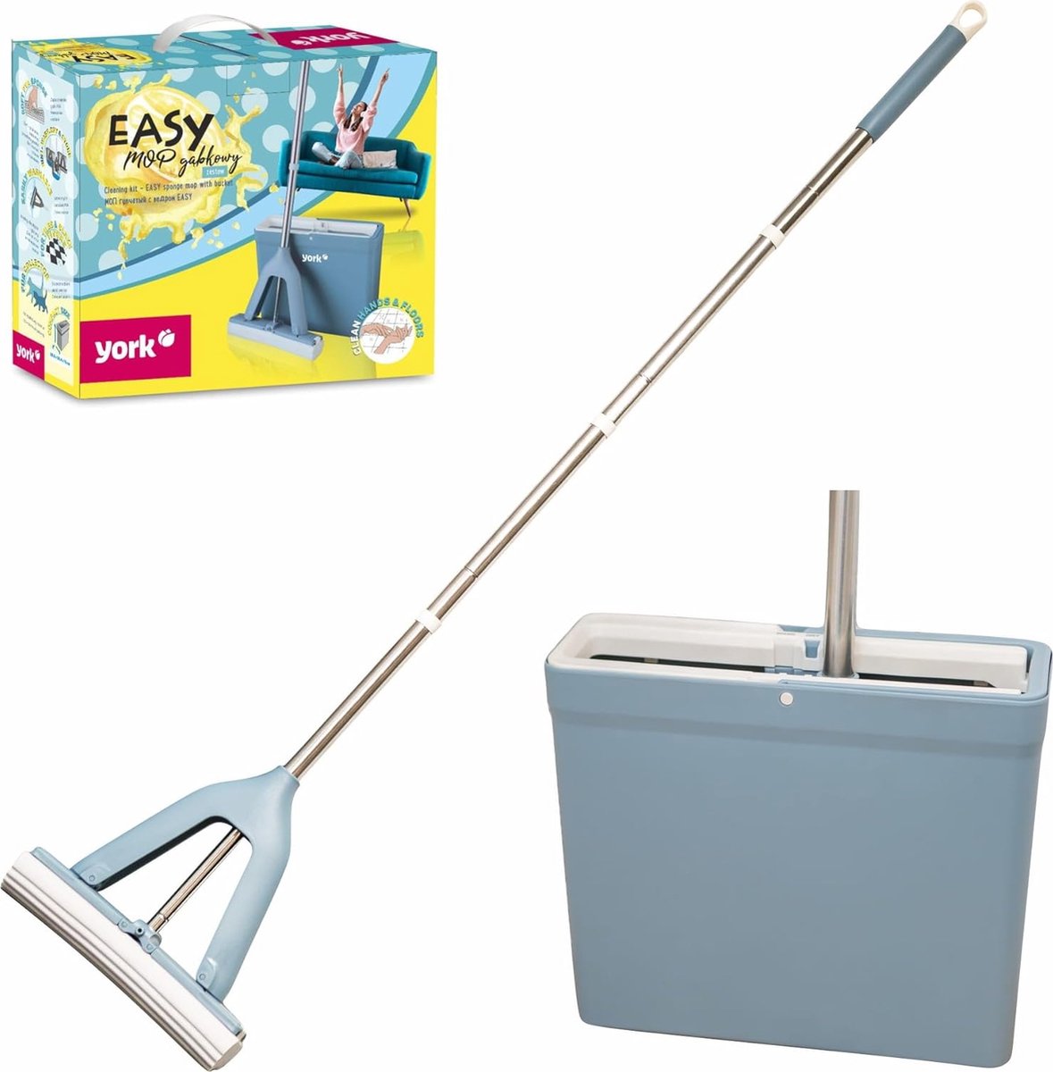 Dweil Easy met absorberende PVA-spons vloerwisser zonder natte vuile handen dweilset met emmer blauw telescoopsteel 130 cm