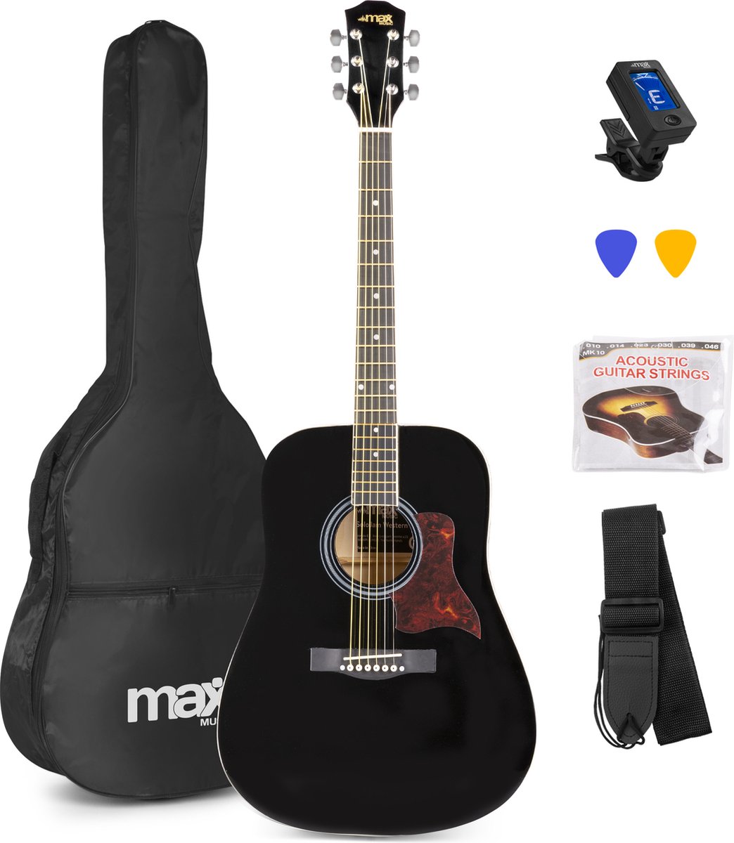 Bol.com Akoestische gitaar voor beginners - MAX SoloJam Western gitaar 4/4 - incl. gitaar stemapparaat, gitaartas en 2x plectrum... aanbieding