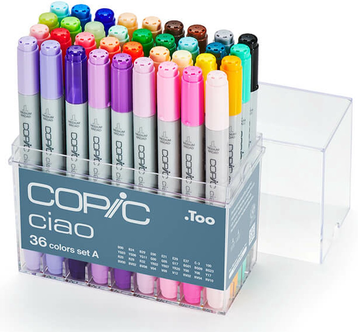 Copic 4511338063248, 36 stuk(s), Zwart, Lichtoranje, Lila, Zacht paars (mauve), Perzik, Sepia, Ultramarine, Violet, Geel, Soft sun,..., Gesorteerd, Meerkleurig, Doos