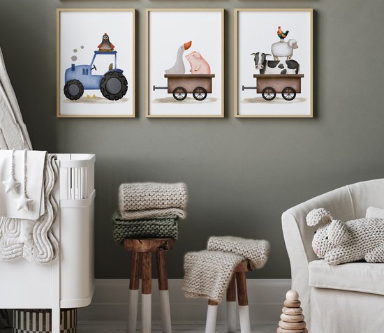 Set de 3 Affiches Affiches Ferme Colorées pour Chambre Kinder et de Bébé - 30x40 cm - Format A3