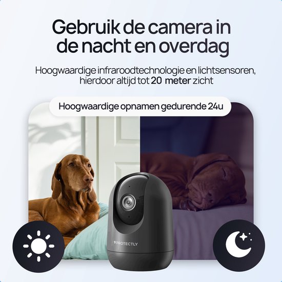 Caméra de sécurité intérieure Protectly® - Caméra pour animaux de compagnie avec application - Petcam - Caméra pour chien - Avec application WiFi - 2K 3MP Ultra HD - Détection de mouvement et de son - Caméra intérieure - Zwart