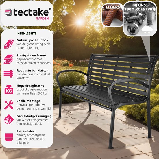 tectake® - Tuinbank Pino - Tweezitsbank - 126cm breed - Eenvoudige montage - Weerbestendig - zwart - Tectake