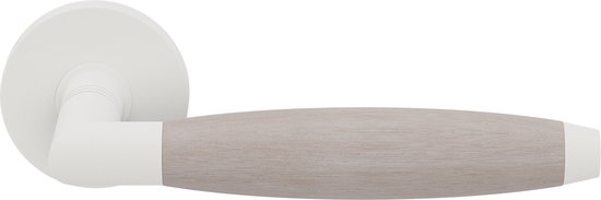 Deurkruk op rozet - Wit - RVS - GPF bouwbeslag - Ika XL Deurklink wit/ eiken whitewash haaks met trapezium eindknop op rond