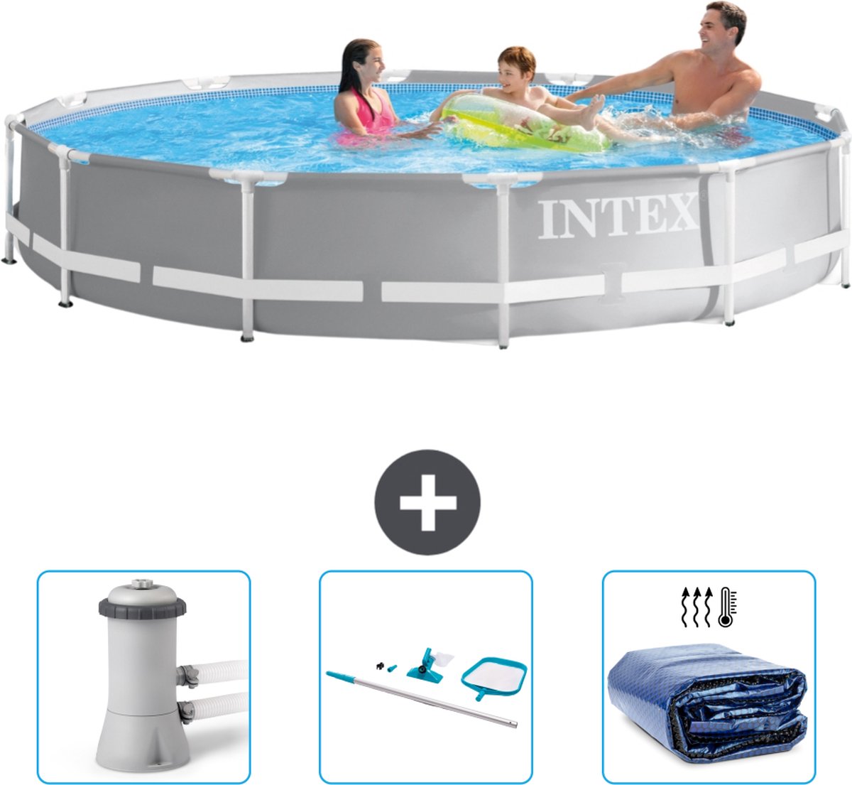 Intex Rond Prism Frame Zwembad – 366 x 76 cm – Grijs – Inclusief Zwembadfilterpomp – Schoonmaakset – Solarzeil