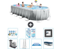 Intex Ovaal Prism Frame Zwembad - 610 x 305 x 122 cm - Grijs - Inclusief Pomp - Ladder - Grondzeil - Afdekzeil Onderhoudspakket - Filters - Vloertegels