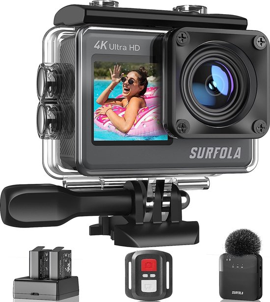 Foto: Surfola sf530pro action cam 4k 30fps 24mp dual screen touchscreen eis wifi pc camera onderwatercamera met afstandsbediening 2 batterijen en accessoireset