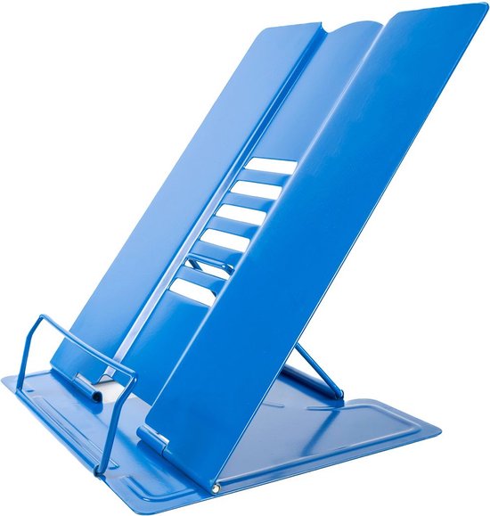Intirilife Leesstandaard van metalen in Blauw - 21 x 16.5 x 20.3 cm - In hoogte verstelbare boekenstandaard voor school, kantoor, bureau, leeshulp
