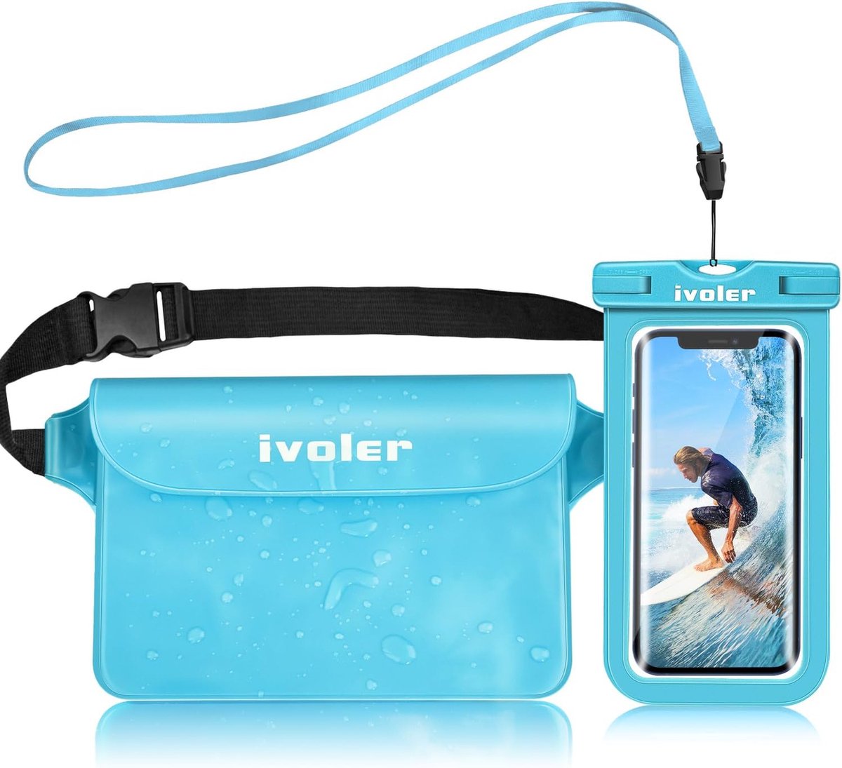 Waterdichte 2 in 1 Kit - Heuptas met Telefoontas en Beschermhoes voor Camping en Watersporten (Lichtblauw)