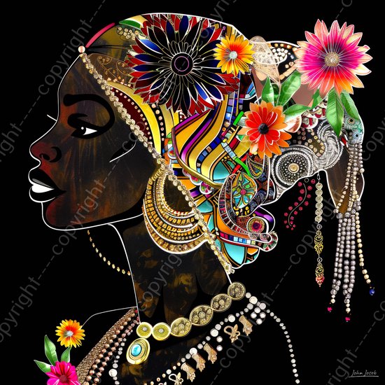 JJ-Art (Aluminium) 80x80 | Donkere Afrikaanse vrouw, sieraden, bloemen, portret, abstract, kleurrijk, kunst | mens, gezicht, Afrika, rood, blauw, bruin , zwart, goud, vierkant, modern | foto-schilderij op dibond, metaal wanddecoratie