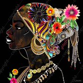 JJ-Art (Aluminium) 100x100 | Donkere Afrikaanse vrouw, sieraden, bloemen, portret, abstract, kleurrijk, kunst | mens, gezicht, Afrika, rood, blauw, bruin , zwart, goud, vierkant, modern | foto-schilderij op dibond, metaal wanddecoratie