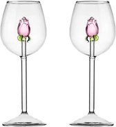 Wijnglazen - 2 Stuks - 3D roos - Luxe - Glaswerk - Vrouwelijk - Cadeau - Romantisch - Housewarming - Verjaardag - Geschenk - Bruiloft - Keuken - Glaspaar - Wijn - Rosé - Glas - Wijnglas