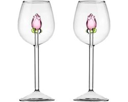Wijnglazen - 2 Stuks - 3D roos - 300 ML - Luxe - Glaswerk - Vrouwelijk - Cadeau - Romantisch - Housewarming - Verjaardag - Geschenk - Bruiloft - Keuken - Glaspaar - Wijn - Rosé - Glas - Wijnglas - Luxueus - Tijdloos - Sierlijk - Tafeldecoratie - Image