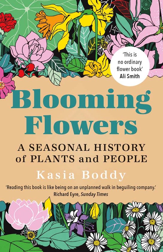 Boekomslag 'Blooming Flowers' met een illustratie van diverse kleurrijke bloemen zoals roze pioenrozen, gele narcissen en witte margrieten.