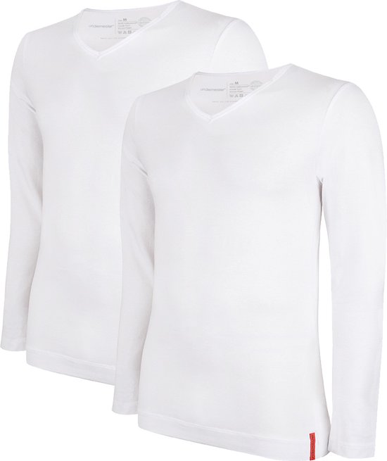 Undiemeister - T-shirt - T-shirt heren - Slim fit - Longsleeve - Gemaakt van Mellowood - V-Hals - Chalk White (wit) - 2-pack - S