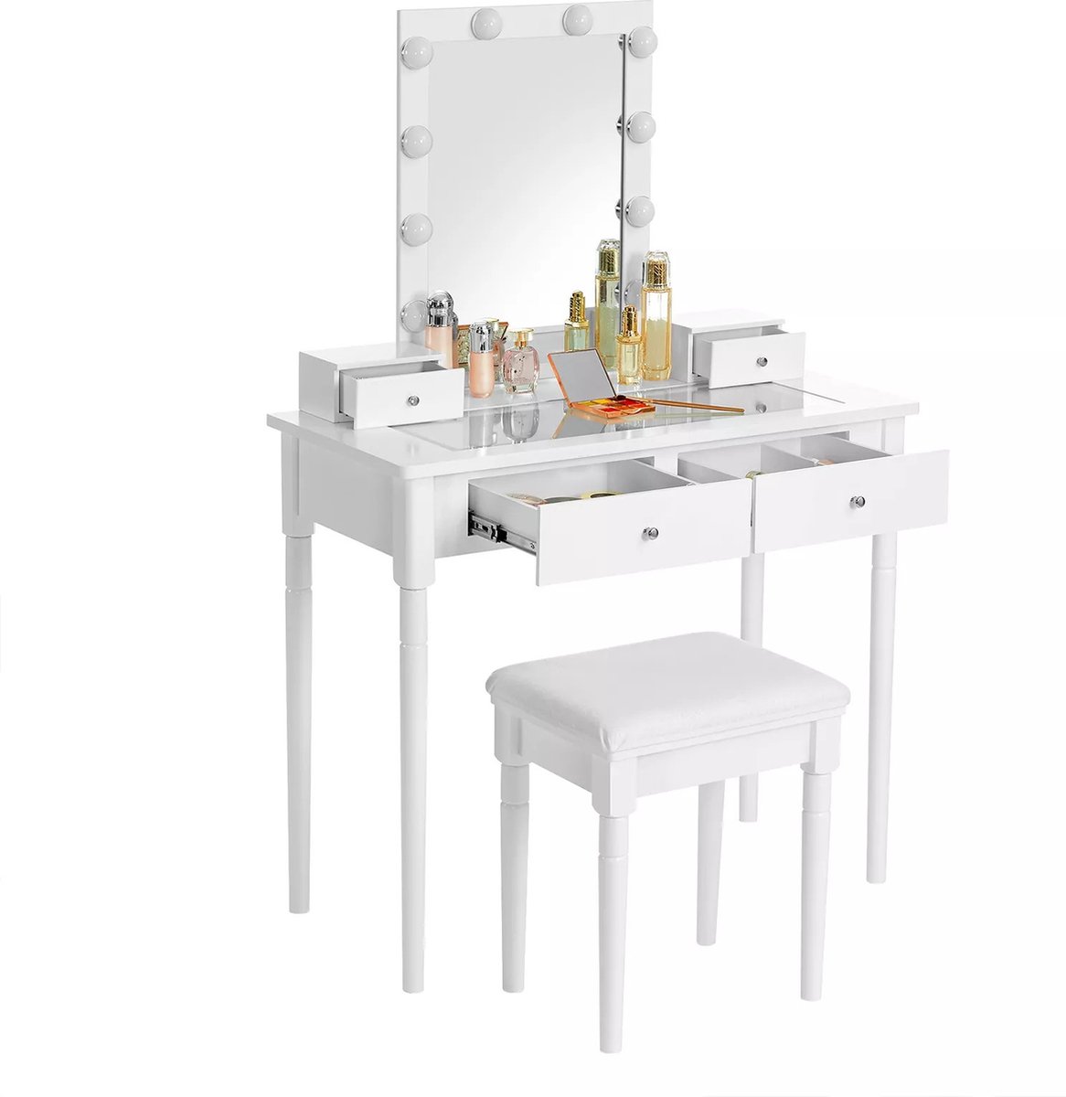 In And Outdoormatch Kaptafelset Evangeline Gestoffeerde Kruk 10 Dimbare Lampen 2 Grote & 2 Kleine Laden Helder Gehard Glas Tafelblad Cadeau Idee Wit