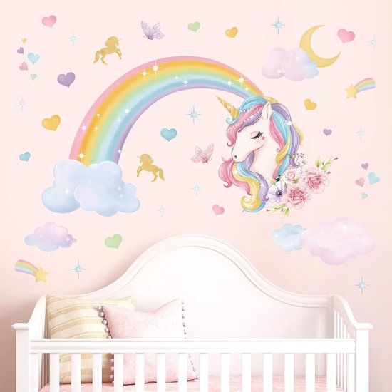 Regenboog Eenhoorn Wolken Muurstickers - Peel en Stick Wall Art Decals voor Meisjes Slaapkamer Kinderkamer Baby Nursery