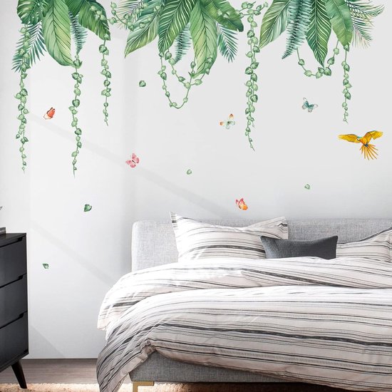 Stickers muraux feuilles tropicales et vignes suspendues-autocollant mural Plantes vertes pour décoration de chambre et de salon- Décoration murale de fond de canapé TV